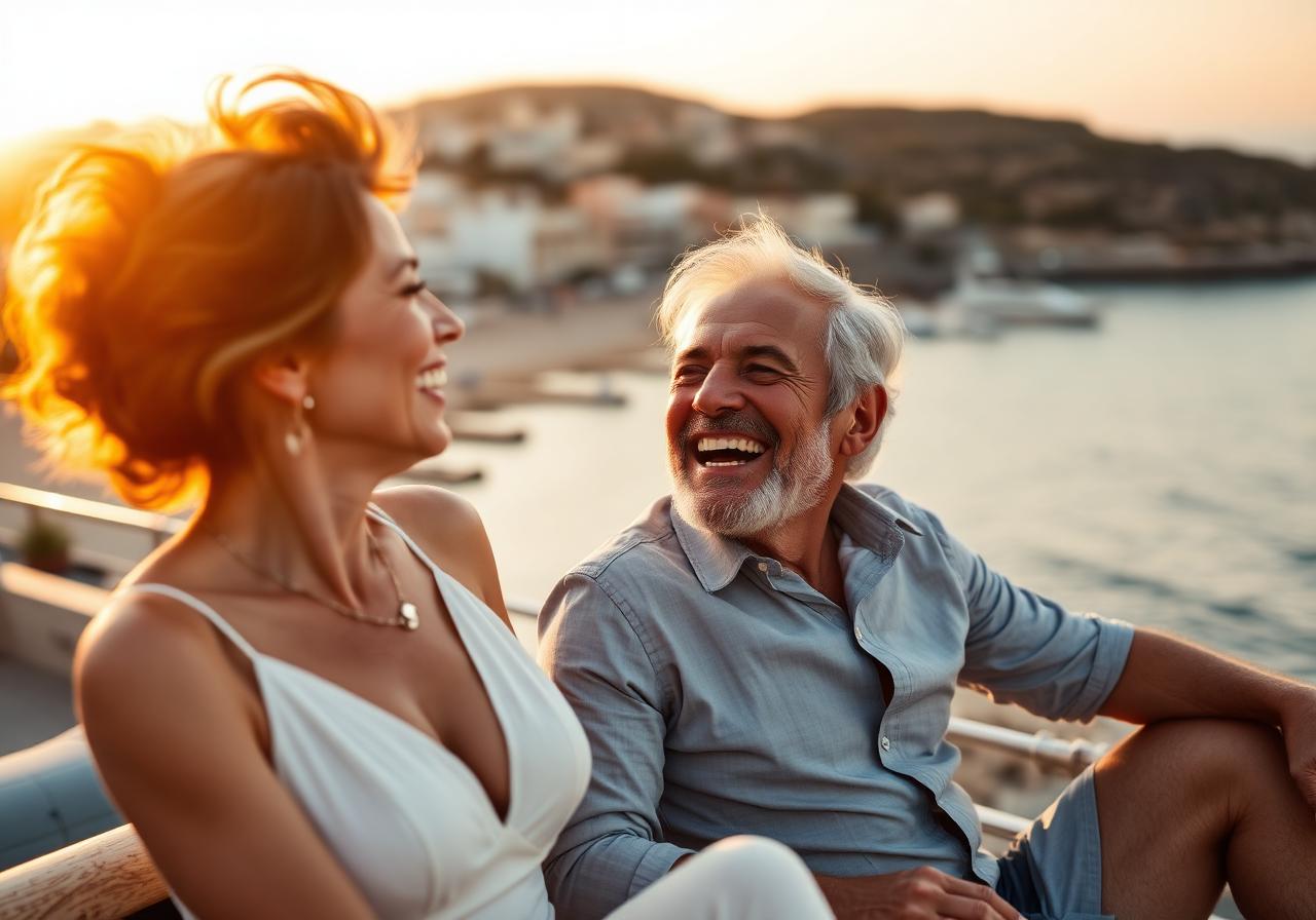 Vibrant couple in their late 50s laughing together at a coastal destination