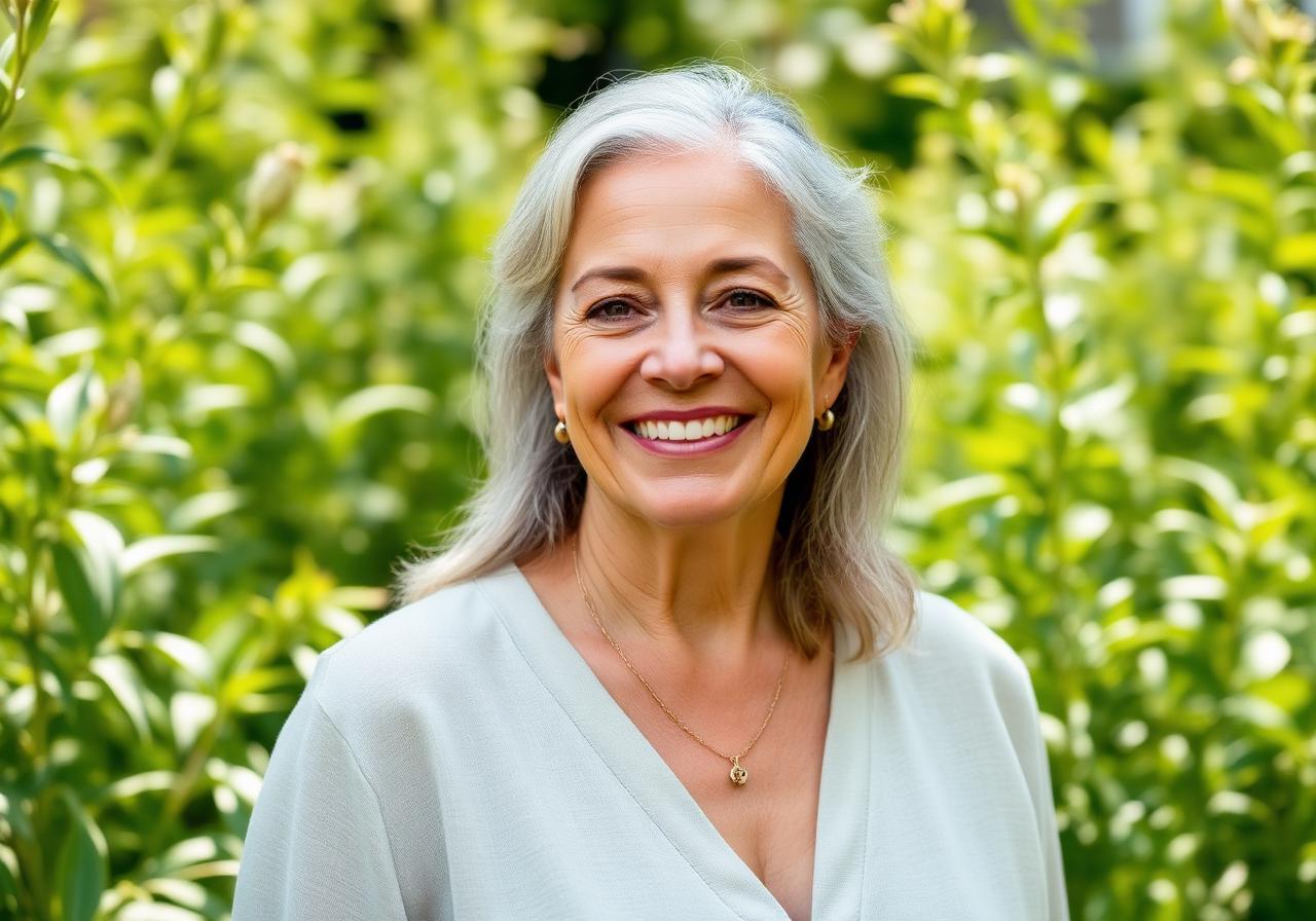 Calm healthy woman in her 50s in a garden, symbolizing autoimmune remission