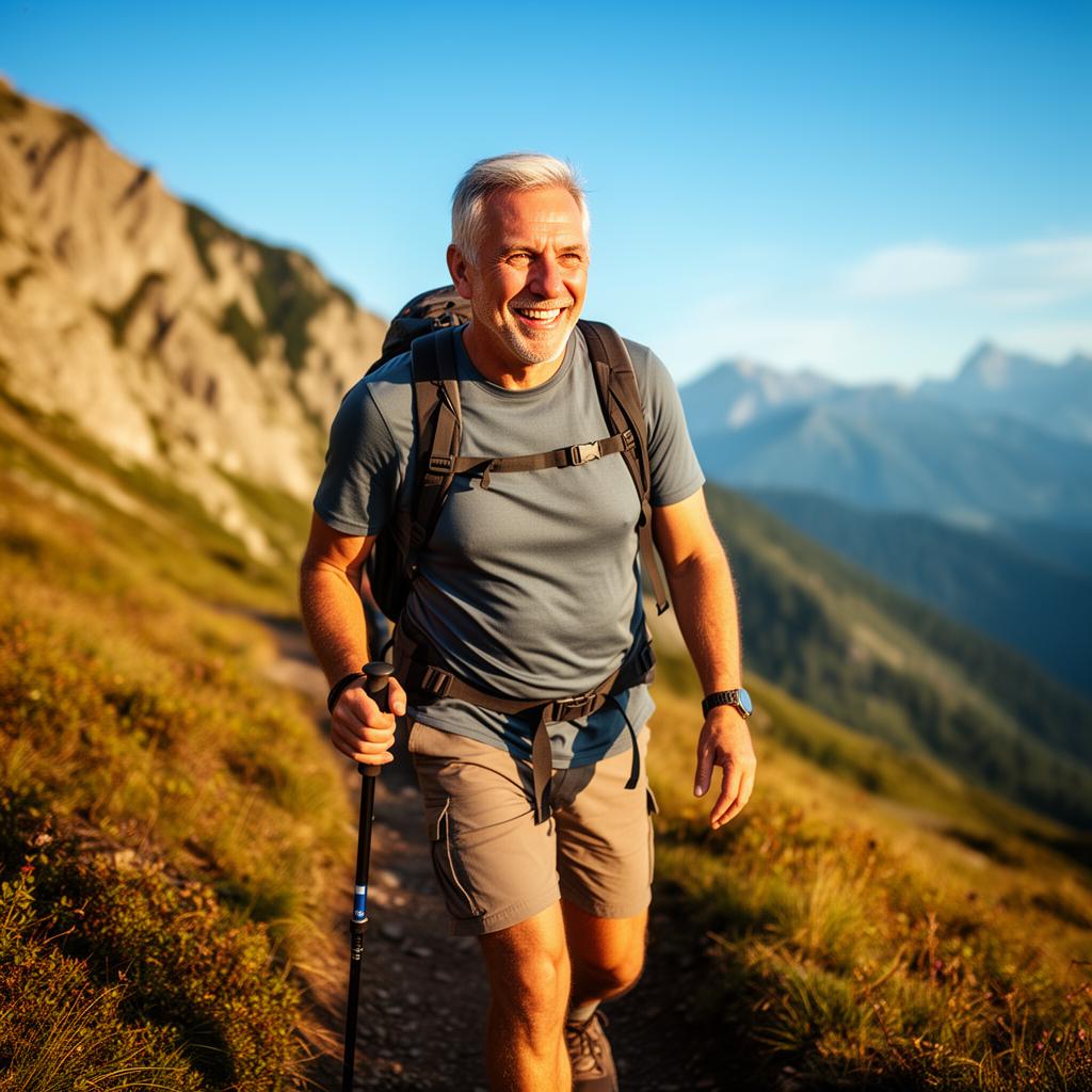 Active adult in his 60s smiling on a mountain trail, free from back pain