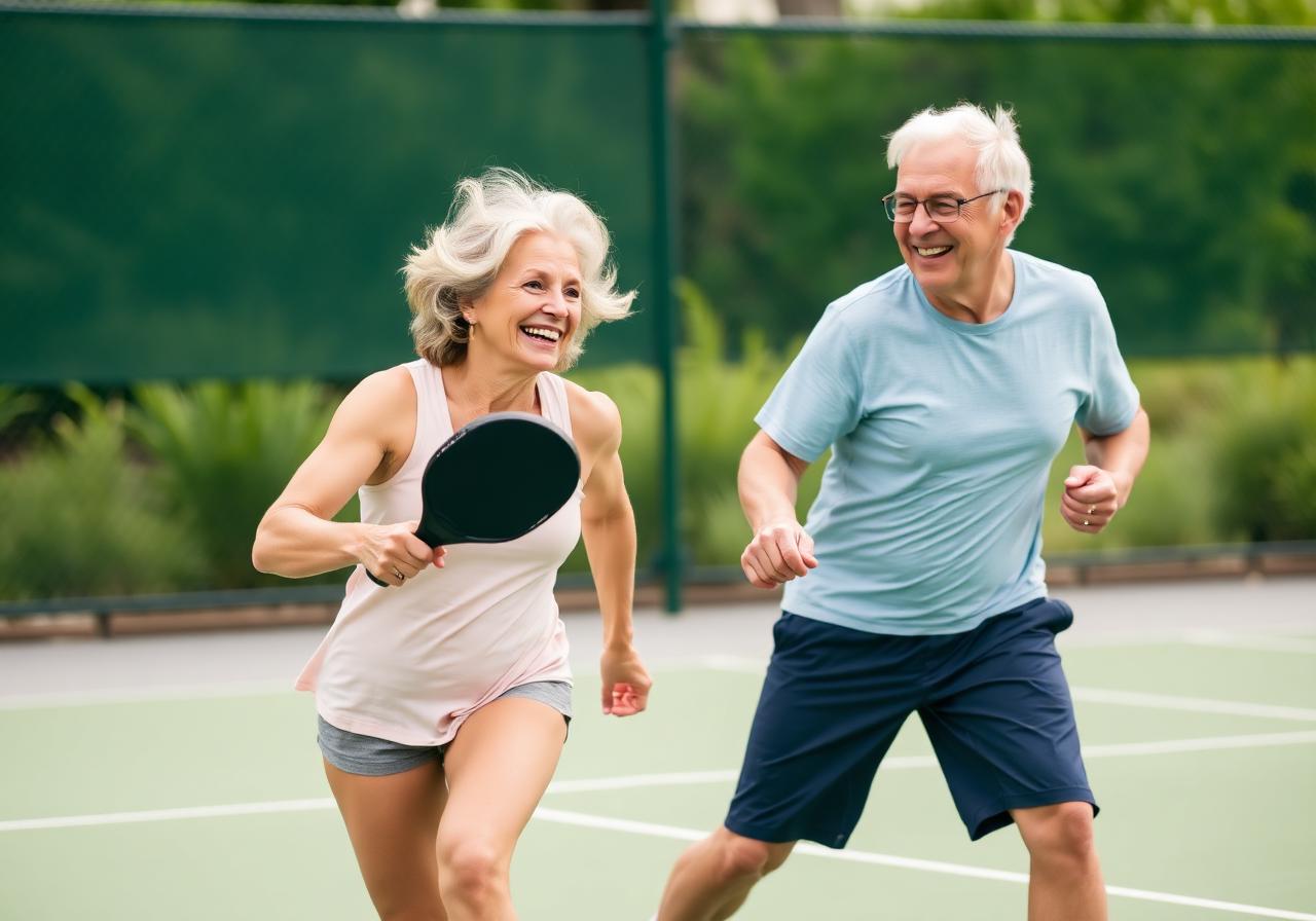 Active couple in their 60s playing pickleball, free from chronic joint pain